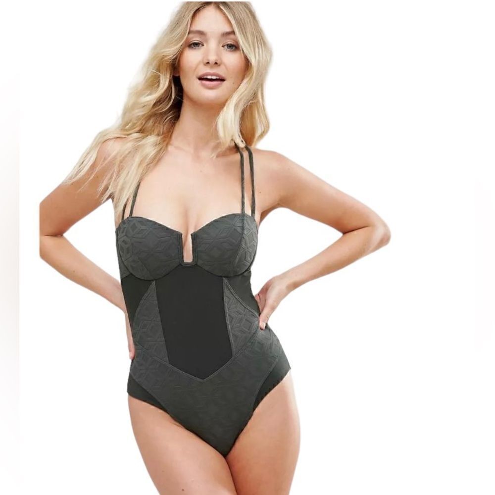 Robyn Lawley Swimsuit (Curves) Olive Green Jacquard Print Size 16